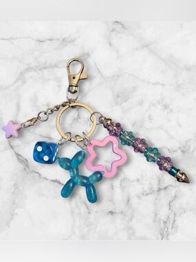 Cute Blue & Pink Balloon Dog Keychain Charm with Beaded Accent